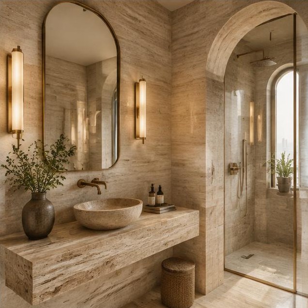 Arched travertine bathroom with elegant brass details