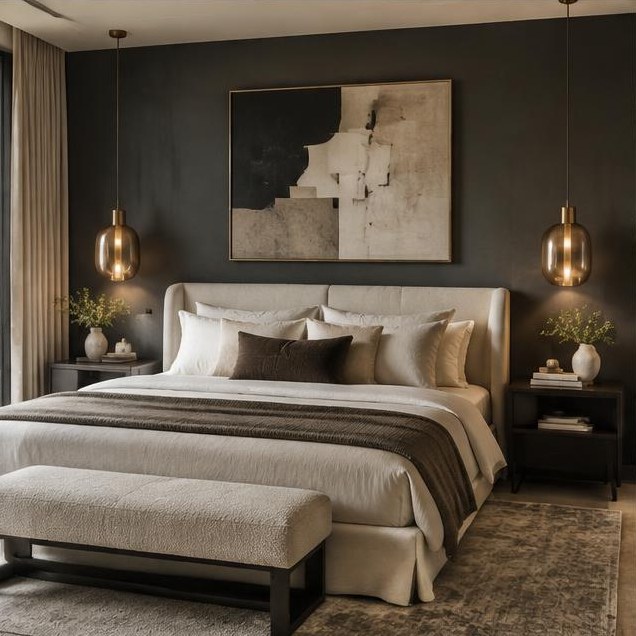 Luxury bedroom with a charcoal feature wall