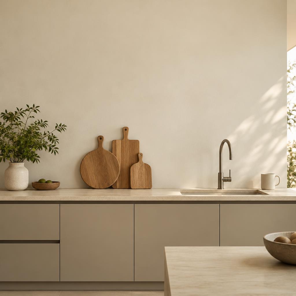 Minimal warm kitchen with oak counter and sculptural details