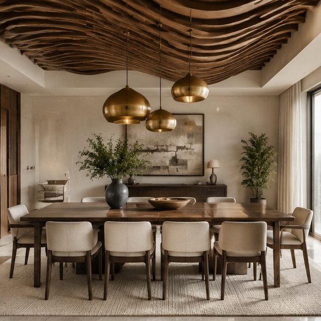 Sculptural timber ceiling above an elegant dining room