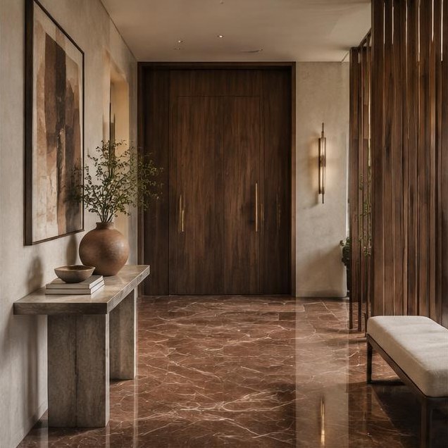 Refined marble and walnut entrance