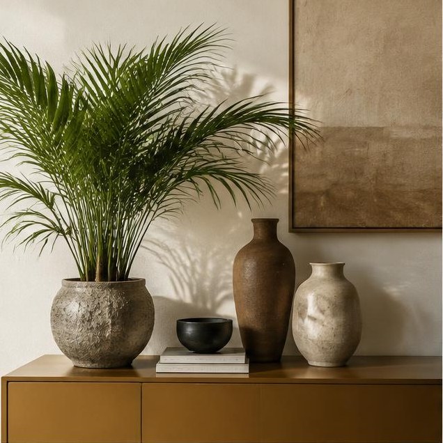 Palm and ceramic vessels on a warm oak sideboard