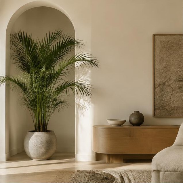 Sculptural furniture and palm beside a soft arch