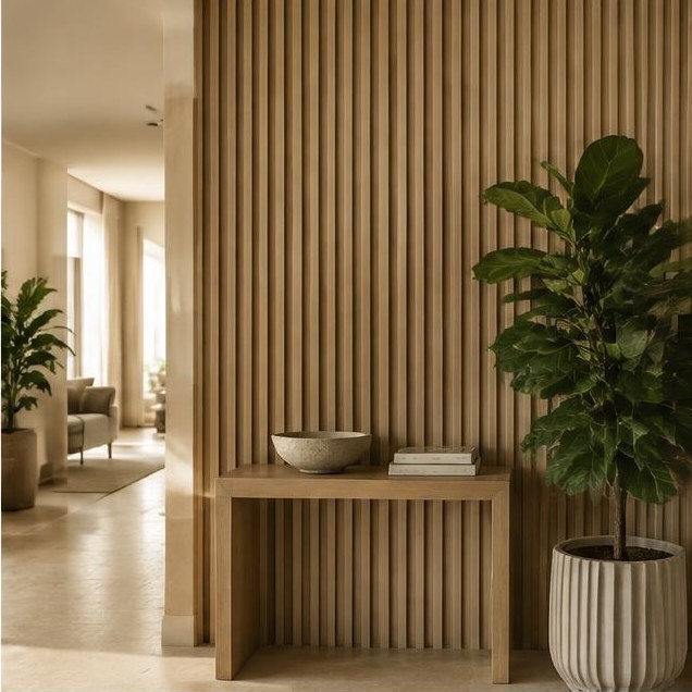 Fluted wood wall and a lush indoor plant