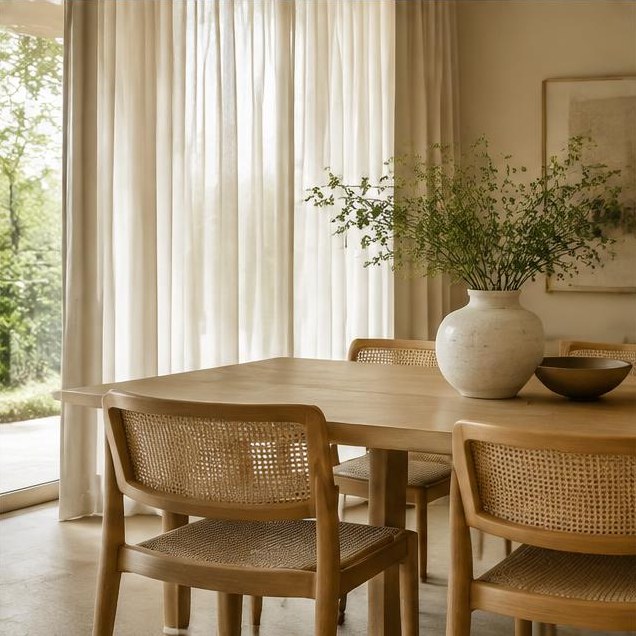 Cane dining chairs and a pale oak table