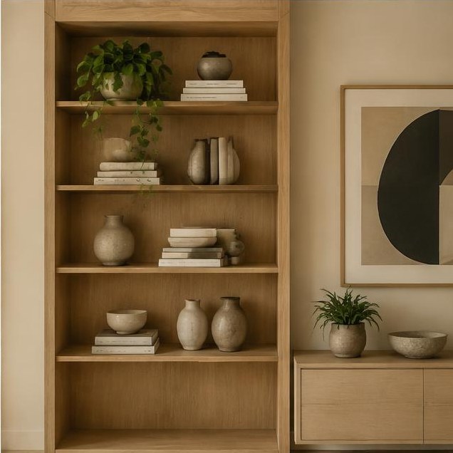 Oak bookshelf with ceramics and contemporary art