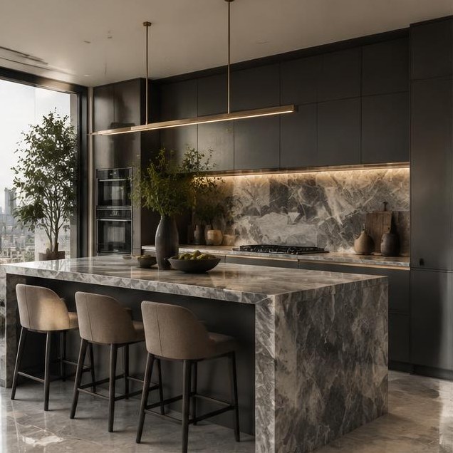 Contemporary charcoal kitchen with natural marble counters