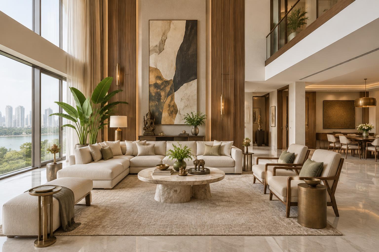 A luxurious Indian living room with marble, warm wood, and natural daylight